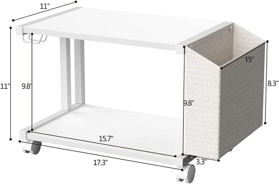 VEDECASA 2 Tier Modern White Wooden Under Desk Printer Stand with Storage Bag for Home Office Desktop Printer Table Organizer Mobile Printer Shelf Cart with Caster Wheel (White) - Image 4